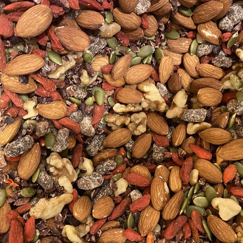 Various nuts including almonds, pepitas, walnuts and more.