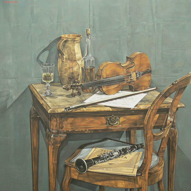 nature morte avec violon, cruche, clarinette et bouteille 2015, 100 x 100 cm, huile sur toile