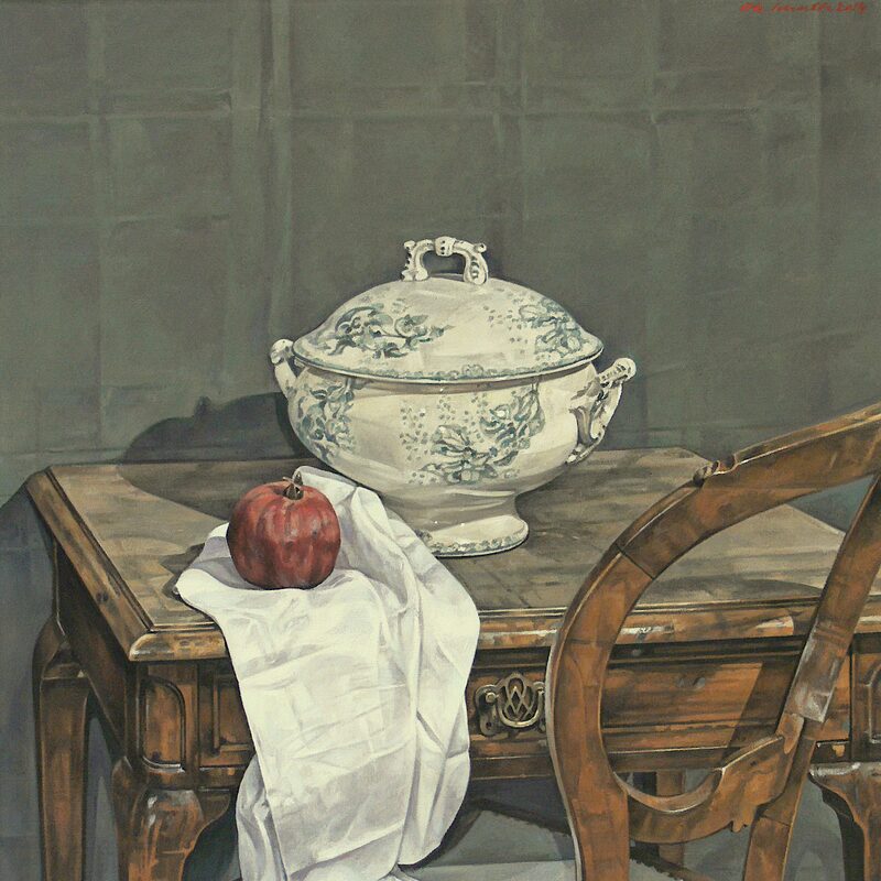 stilleben mit terrine und granatapfel 2014, 70 x 60 cm, öl auf leinwand