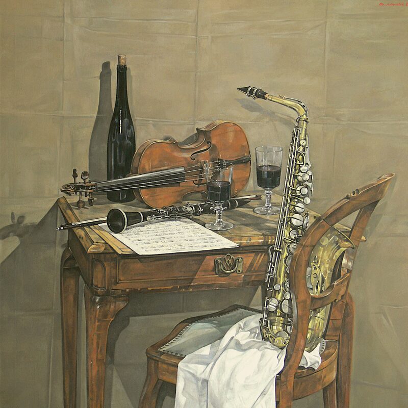 stilleben mit saxophon, violine und flasche 2013, 110 x 100 cm, öl auf leinwand