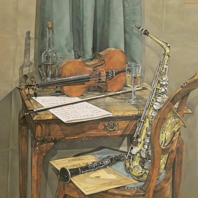 stilleben mit saxophon, violine und flasche 2013, 110 x 100 cm, öl auf leinwand