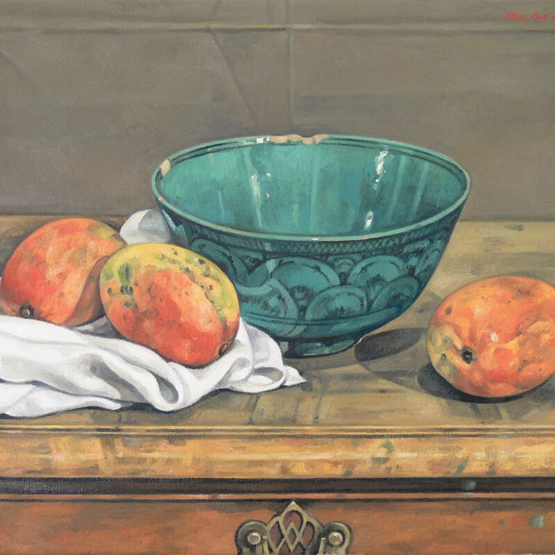 stilleben mit mangos und türkiser schale 2010, 36 x 44 cm, öl auf leinwand