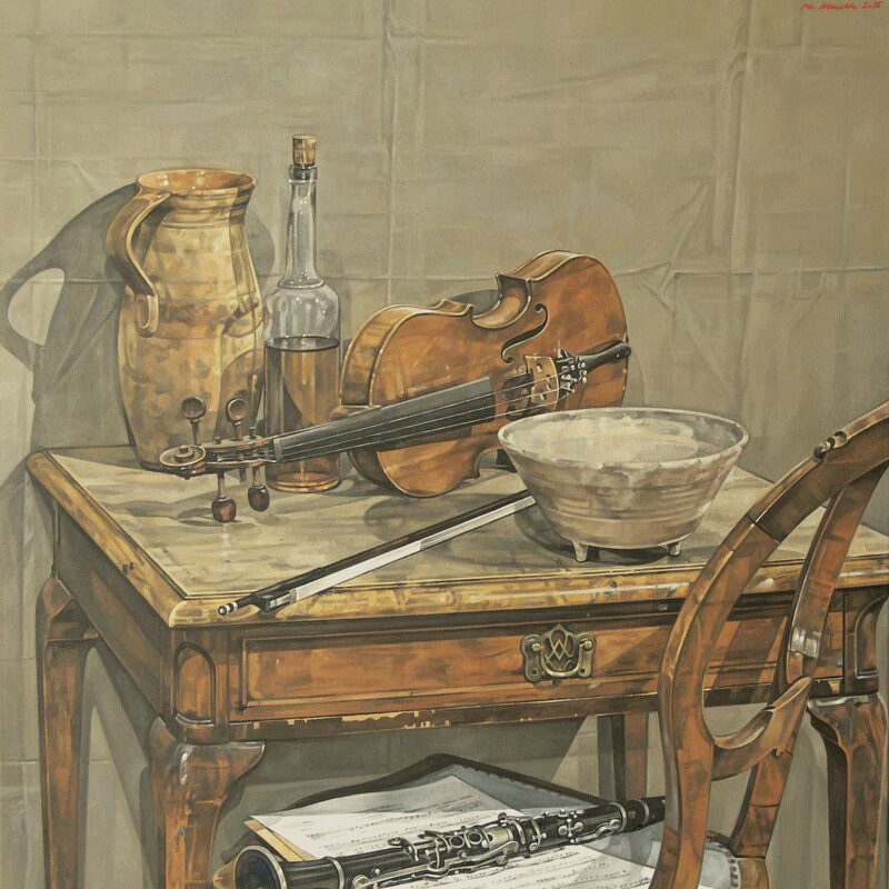 stilleben mit krug, schale und violine 2015, 95 x 80 cm, öl auf leinwand