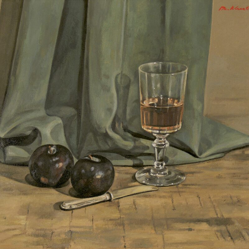 stilleben mit pflaumen und glas 2006, 36 x 44 cm, öl auf leinwand