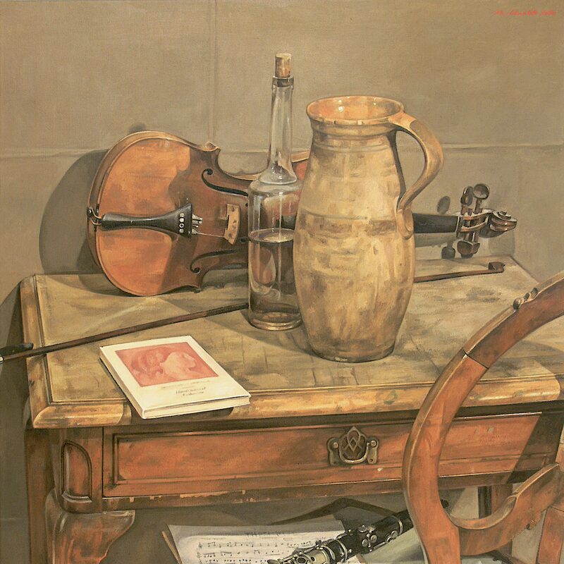 stilleben mit krug, violine und flasche 2010, 96,5 x 76,2 cm, öl auf leinwand