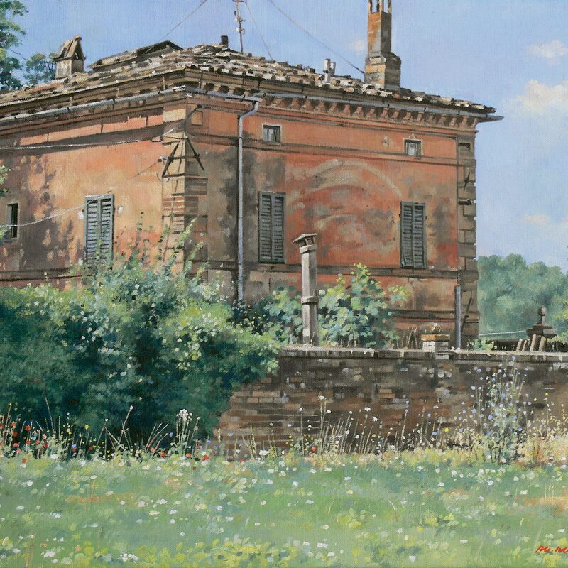 maison rouge près de ponte d'arbia - toscane 2021, 40 x 50 cm, hule sur toile