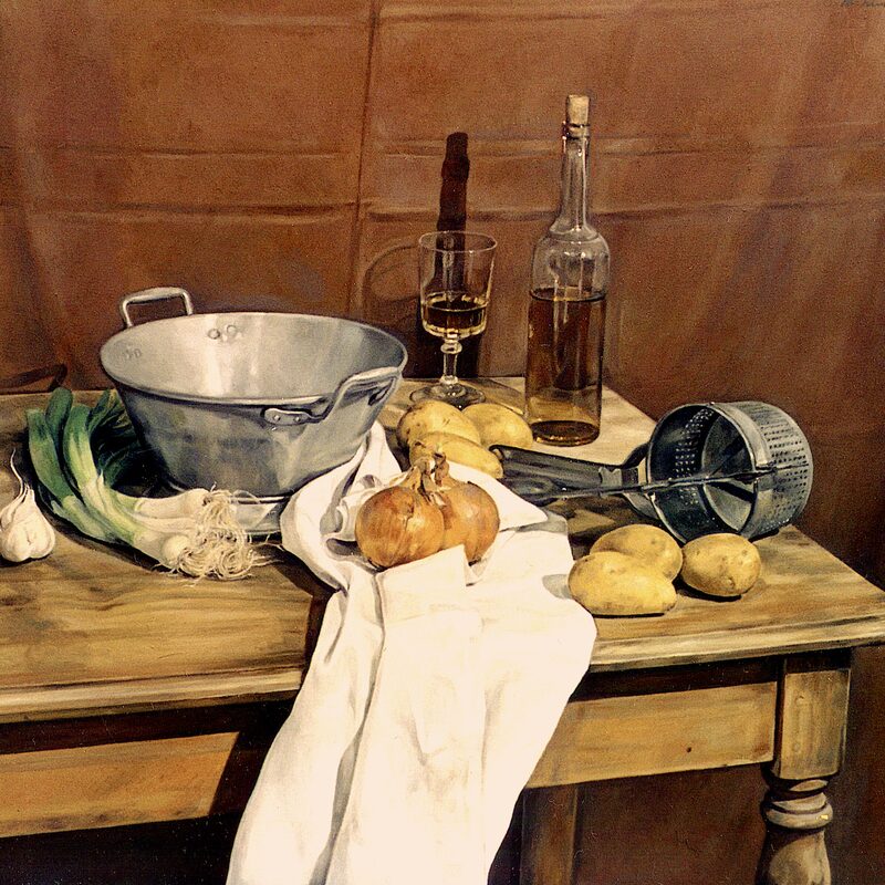stilleben mit siebschüssel, kartoffelpresse und flasche 1999, 89 x 100 cm, öl auf baumwolle