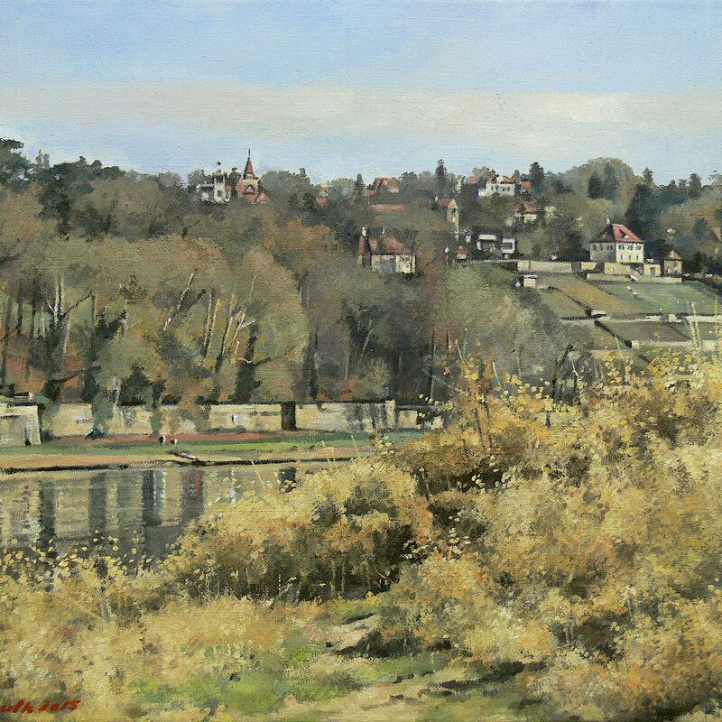 landschaft an der elbe, dresden - sachsen 2015, 36 x 44 cm, öl auf leinwand