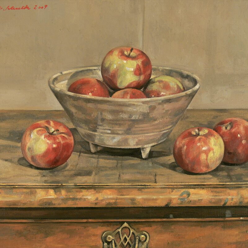 nature morte avec coupe et pommes 2009, 36 x 44 cm, huile sur toile