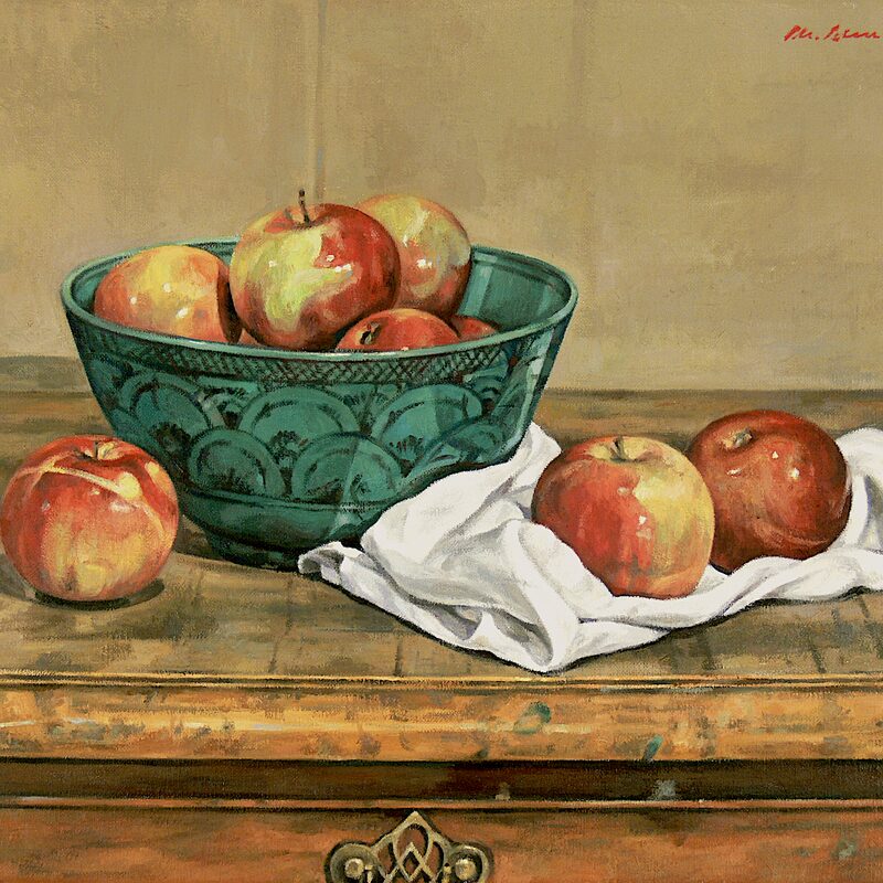 stilleben mit türkiser schale und äpfeln 2009, 36 x 44 cm, öl auf leinwand
