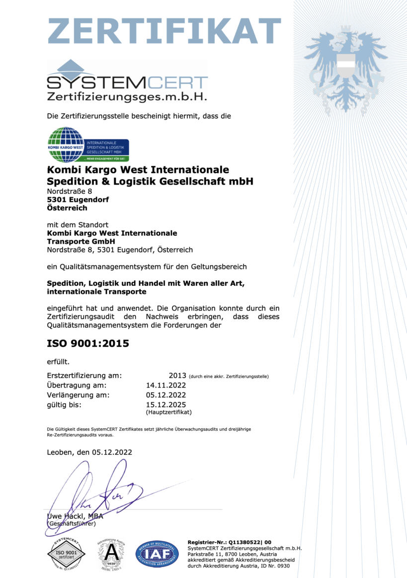 Kombi Kargo West  Int. Spedition & Logistik GmbH Salzburg - DIN ISO 9001 : 2015