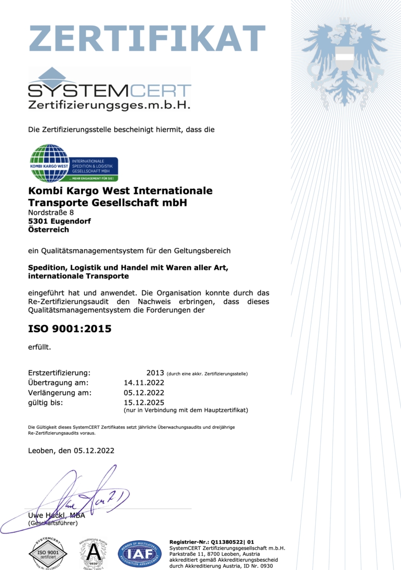 Kombi Kargo West  Int. Spedition & Logistik GmbH Salzburg - DIN ISO 9001 : 2015