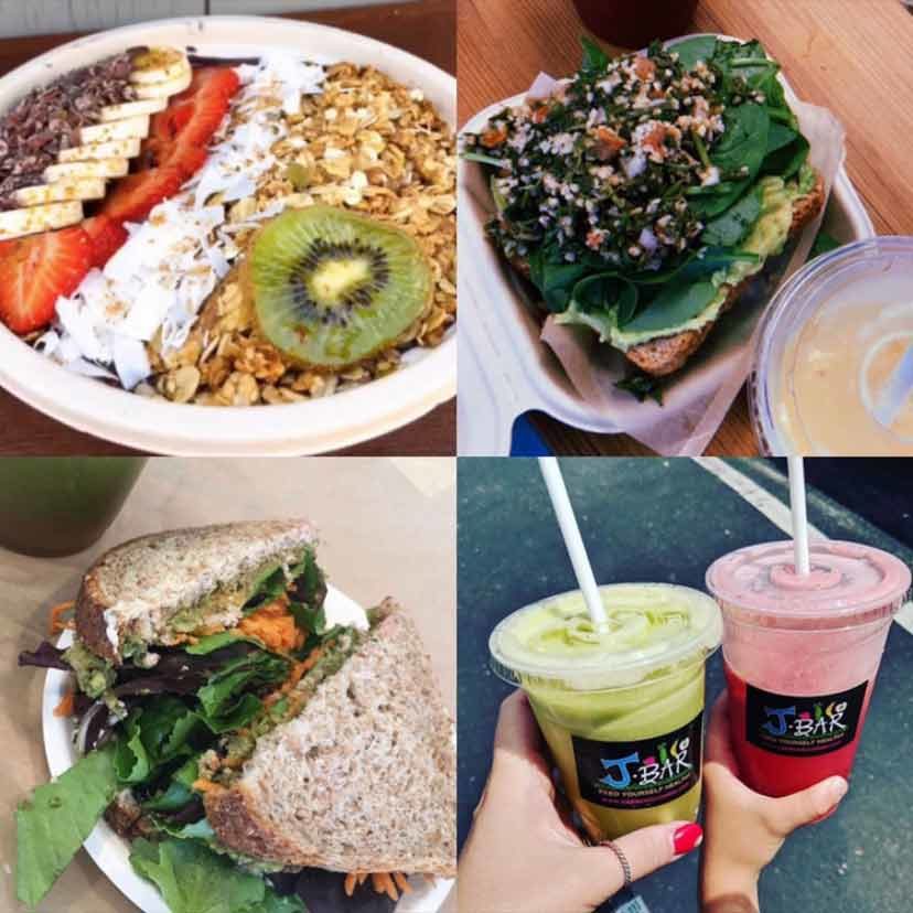 A collage of images showing a breakfast bowl, almost raw sandwich, two juices, and avocado toast