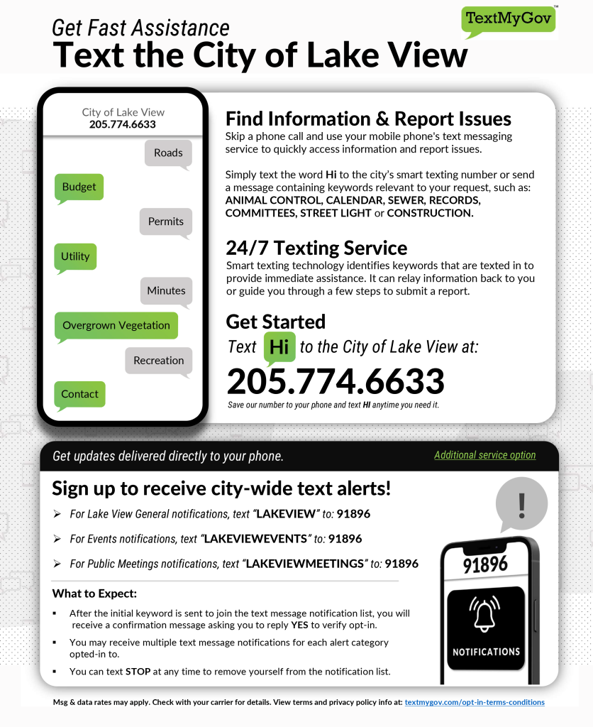 Text My Gov texting service City of Lake View sign up instructions text Hi to 205.774.6633