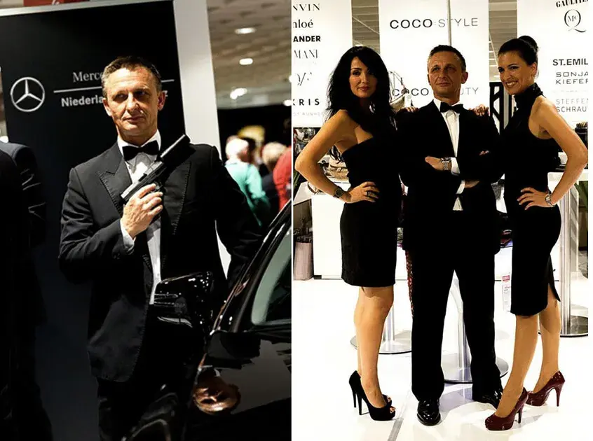 Elegantes Team in Abendgarderobe auf einer Messe – professionelle Croupiers und Hostessen