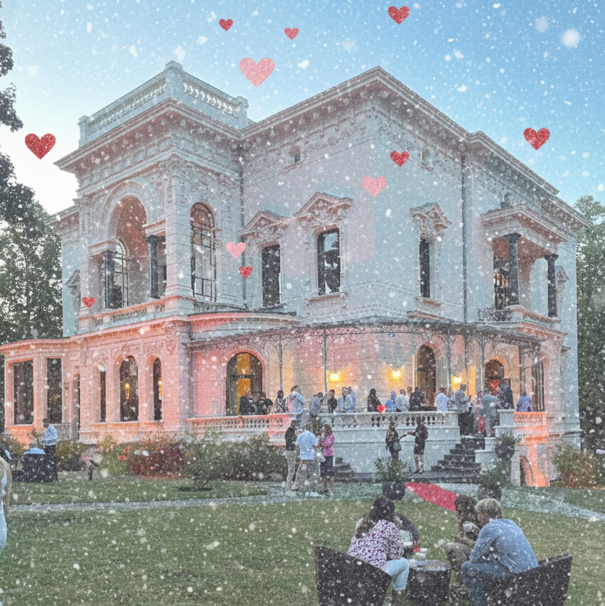 Mehrere Personen unterhalten sich angeregt auf einer Firmenfeier in hellem, naturnahen Umfeld.