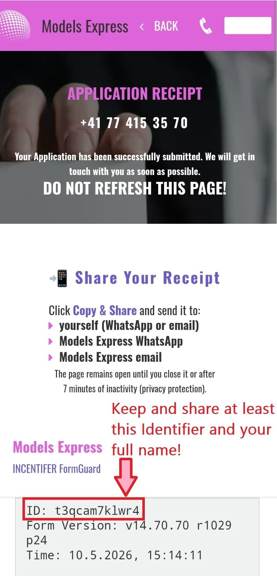 Picture of the thank you screen after successful submission of a form