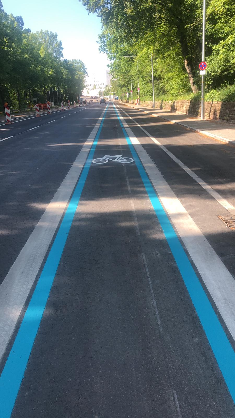 Frisch markierter Radweg auf einer Hauptstraße mit blauen Linien und weißem Fahrradsymbol, flankiert von Fahrspuren und Gehwegen mit Bäumen.