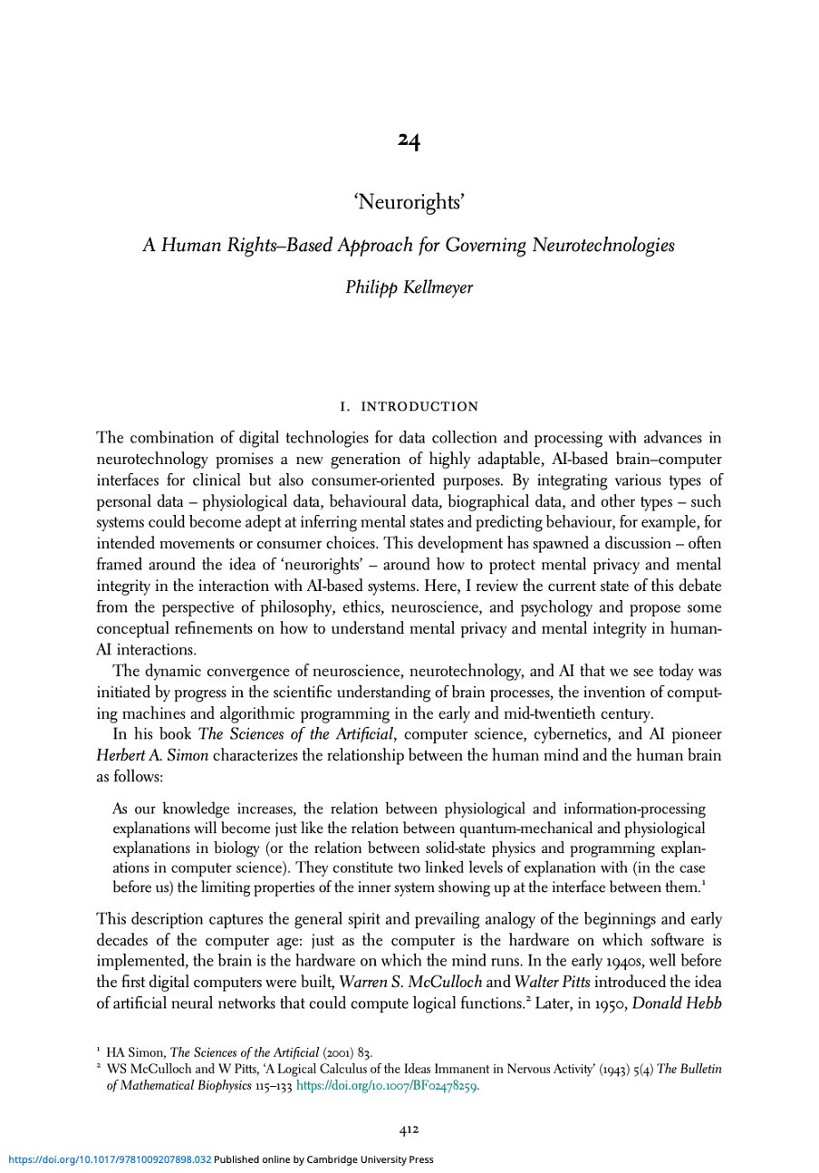 Ienca M., Fins J.J., Jox R.J., Friedrich O., Kellmeyer P. (2022): Towards a Governance Framework for Brain Data. Neuroethics 15:20