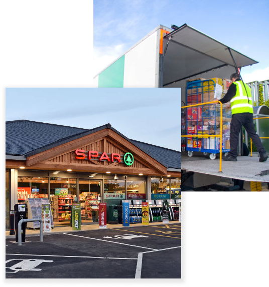 Image of a SPAR supermarket and a worker loading a truck