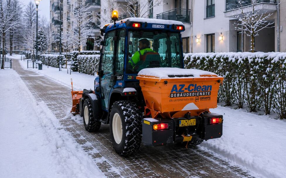 AZ-Clean Traktor mit Streuer beim Winterdienst auf dem Gehweg einer Wohnanlage